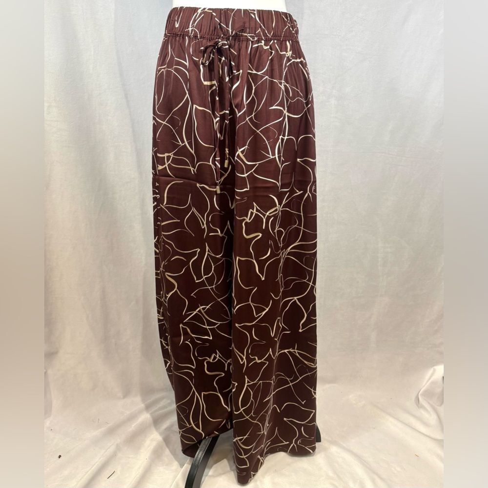 Adrianna Papell copper mocha & white abstract satin wide leg pants medium NWT